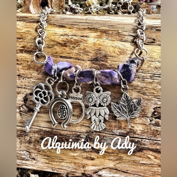 Statement chunky purple turquoise charms necklace - Picture 1 of 4